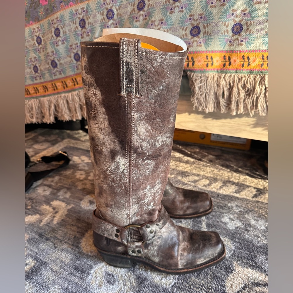 Frye Tall Harness Distressed Brown Leather Boots - Picture 6 of 14